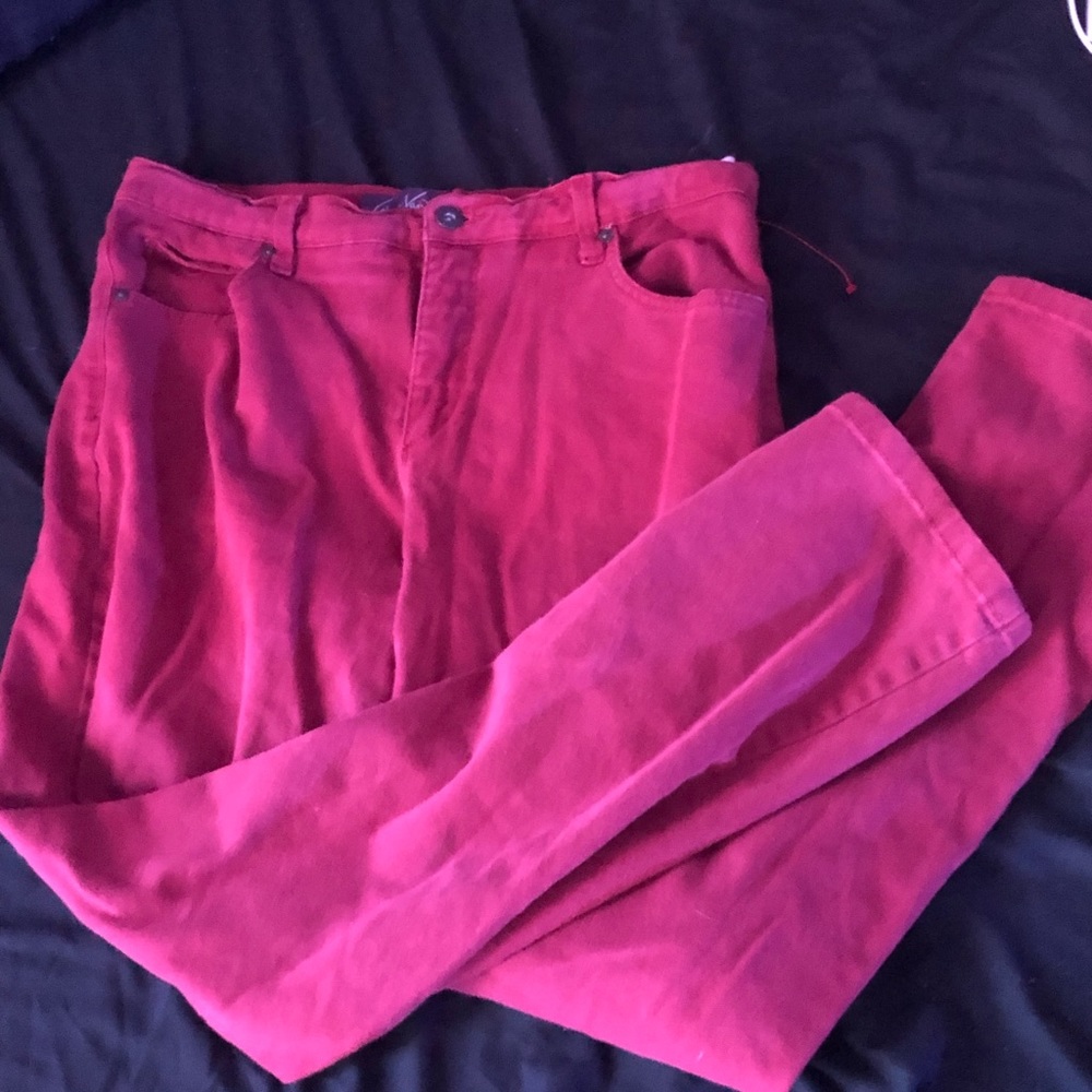 Red denim mid-rise straight legged jeans